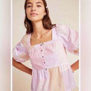 MAEVE ANTHROPOLOGIE Gable Tiered Tunic Striped Boho Pink Combo